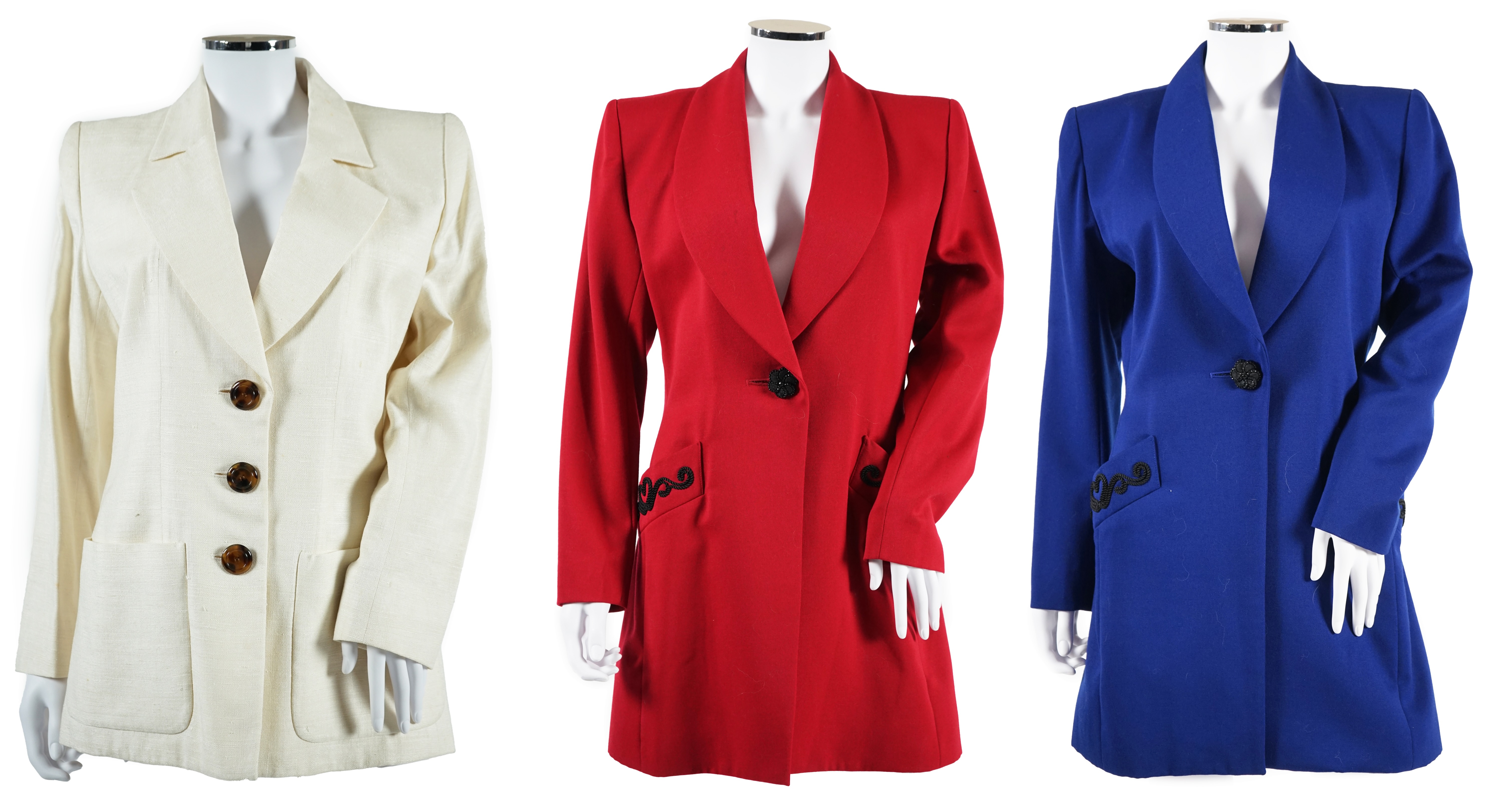 Three vintage Yves Saint Laurent variation lady's jackets, F 40 (UK 12). Proceeds to Happy Paws Puppy Rescue